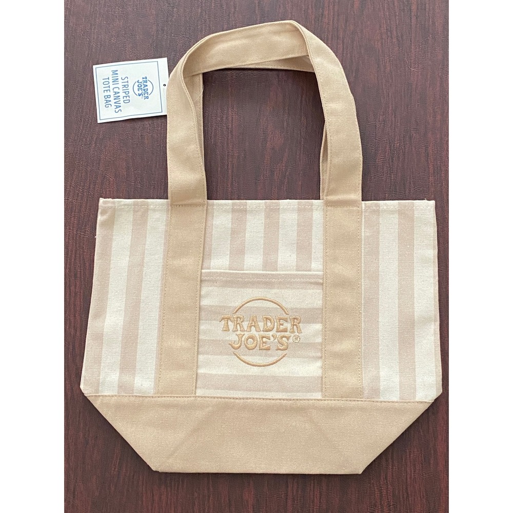 Trader Joes Striped Mini Canvas Tote Bag Tan Cream‎ Embroidered Logo NWT